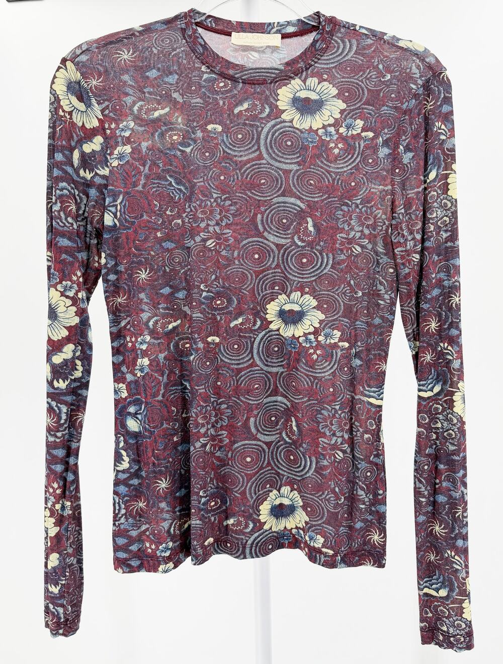 Ulla Johnson Eve Top Crew Neck Fitted Long Sleeve Heliotrope Print Jersey Small